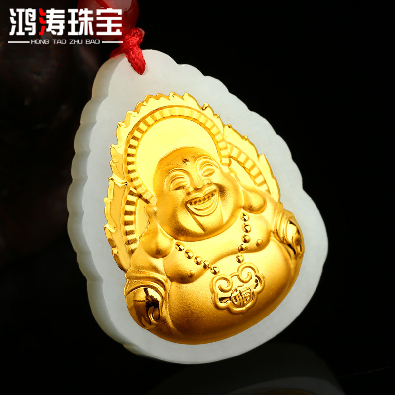 999足金镶玉a货和田玉观音吊坠 鸿涛颈饰