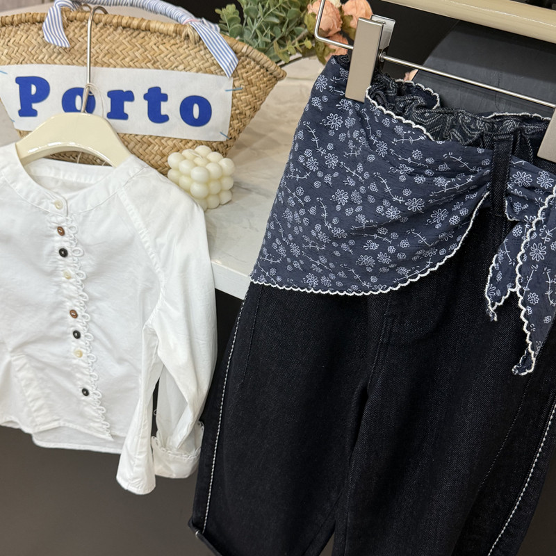 leomama设计师风女童屁帘牛仔裤秋季儿童阔腿裤宽松休闲童装裤子