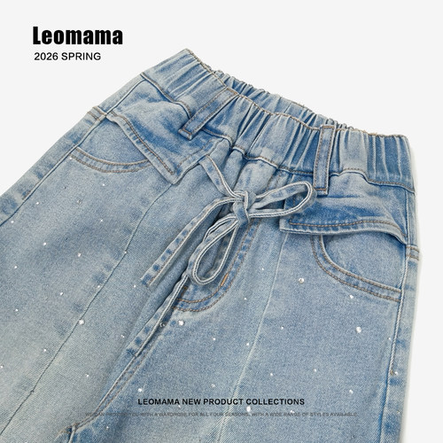 leomama女童烫钻弯刀牛仔裤春季2026新款洋气儿童休闲宽松裤子 - 图3