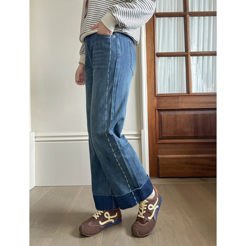 DM100大码百分百女装微胖mm秋季时尚百搭显瘦线条卷边阔腿牛仔裤 - 图0