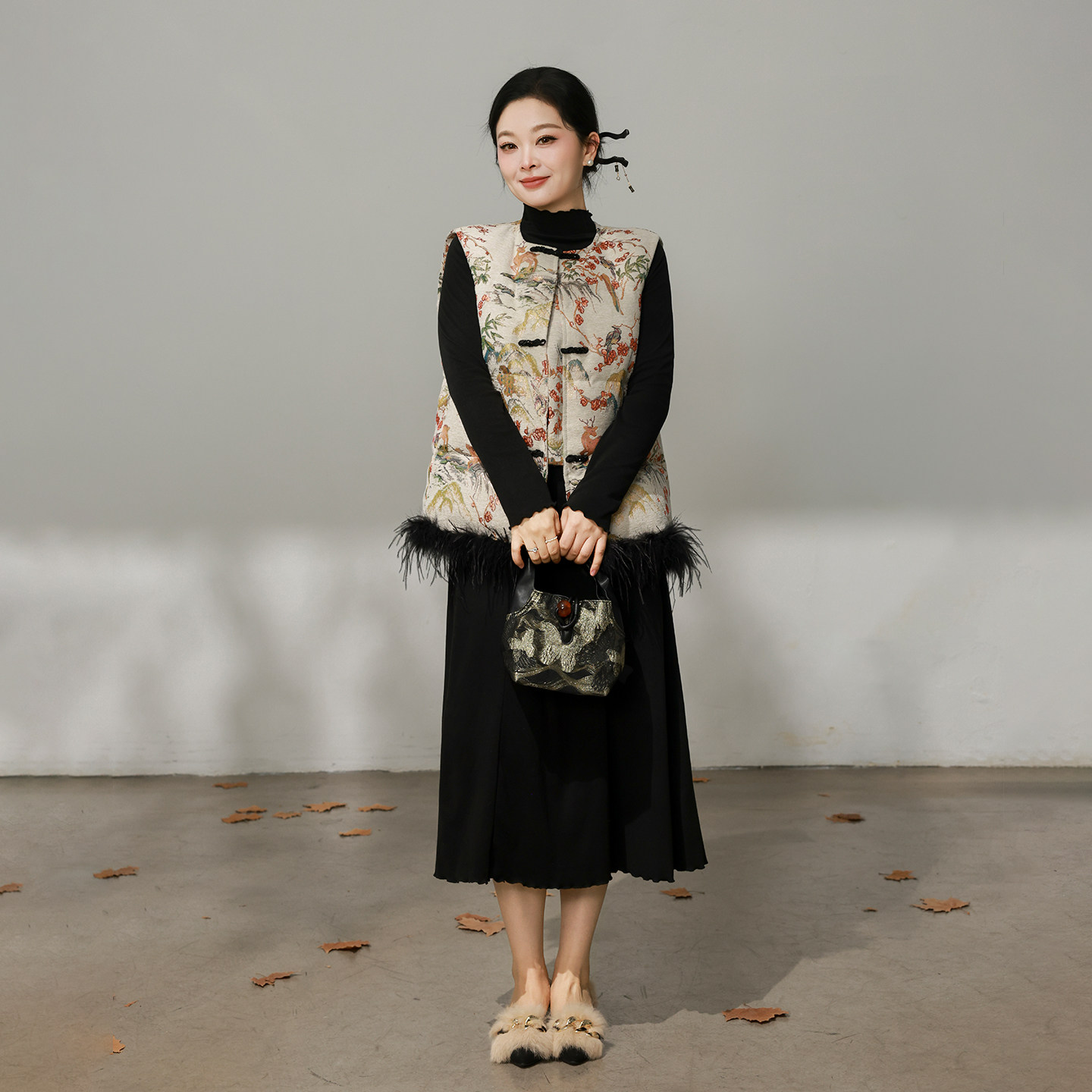 DM100大码百分百女微胖mm冬新中式提花鸵鸟毛羽绒马甲打底裙套装,淘宝优惠券,粉丝福利购,淘宝优惠卷