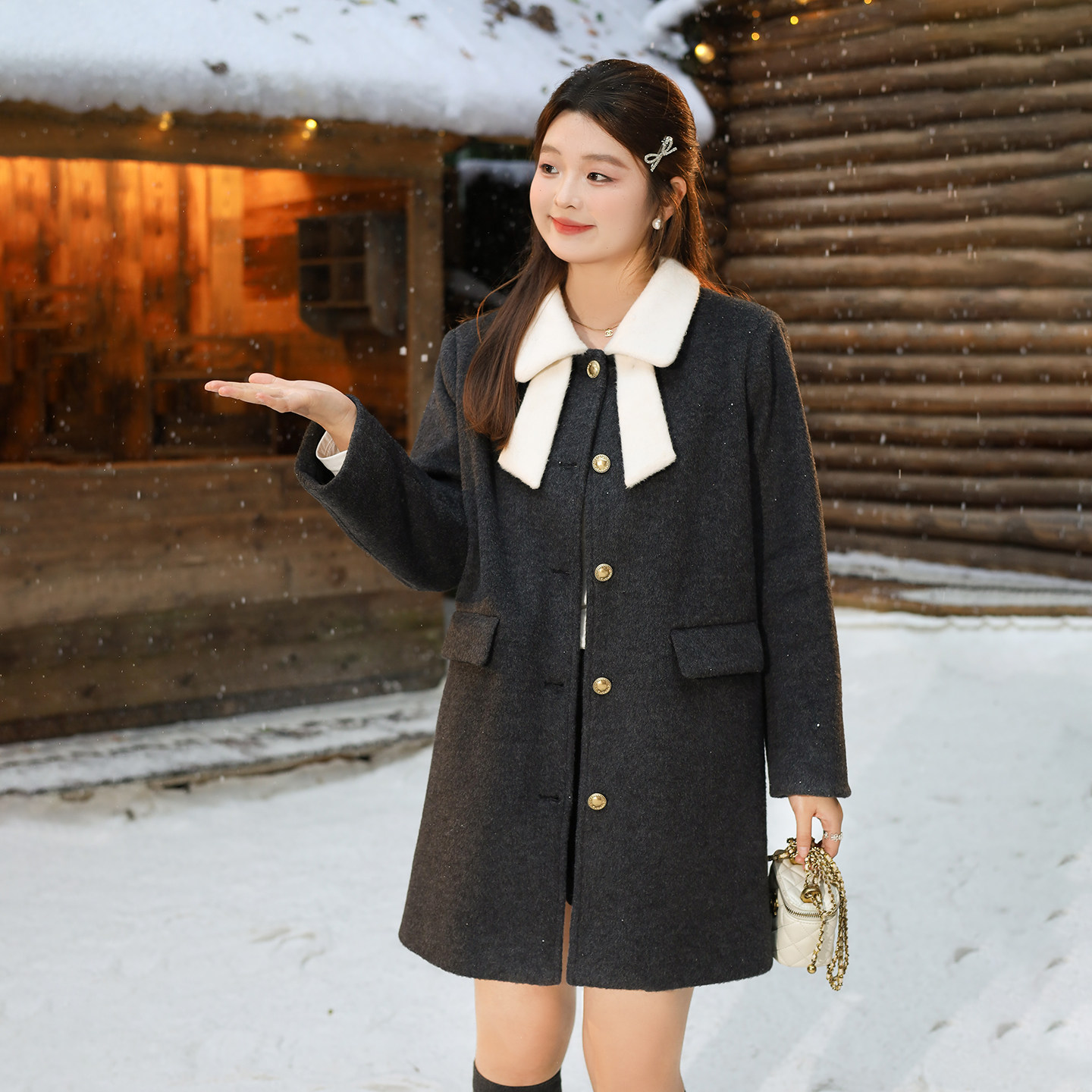 DM100大码百分百女装微胖mm冬季甜美撞色娃娃领A版中长款毛呢外套,淘宝优惠券,粉丝福利购,淘宝优惠卷