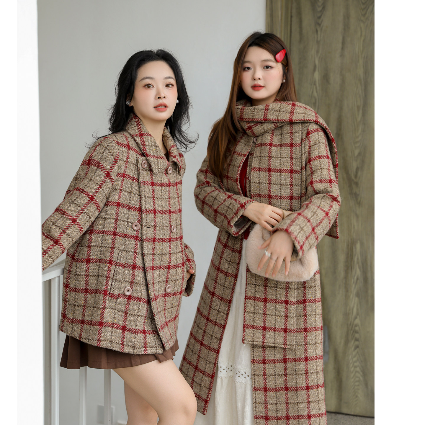 【年终清仓】DM100大码女红咖色格纹正肩长短小香风编织毛呢外套,淘宝优惠券,粉丝福利购,淘宝优惠卷