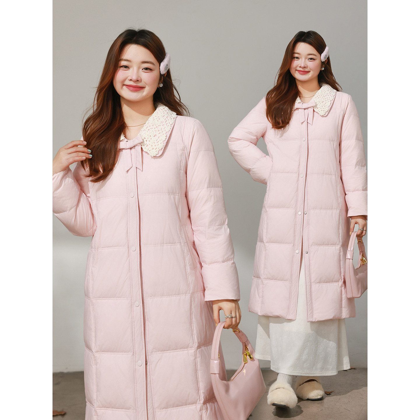 DM100大码百分百女装微胖mm冬季花边翻领正肩收腰长款羽绒服外套,淘宝优惠券,粉丝福利购,淘宝优惠卷