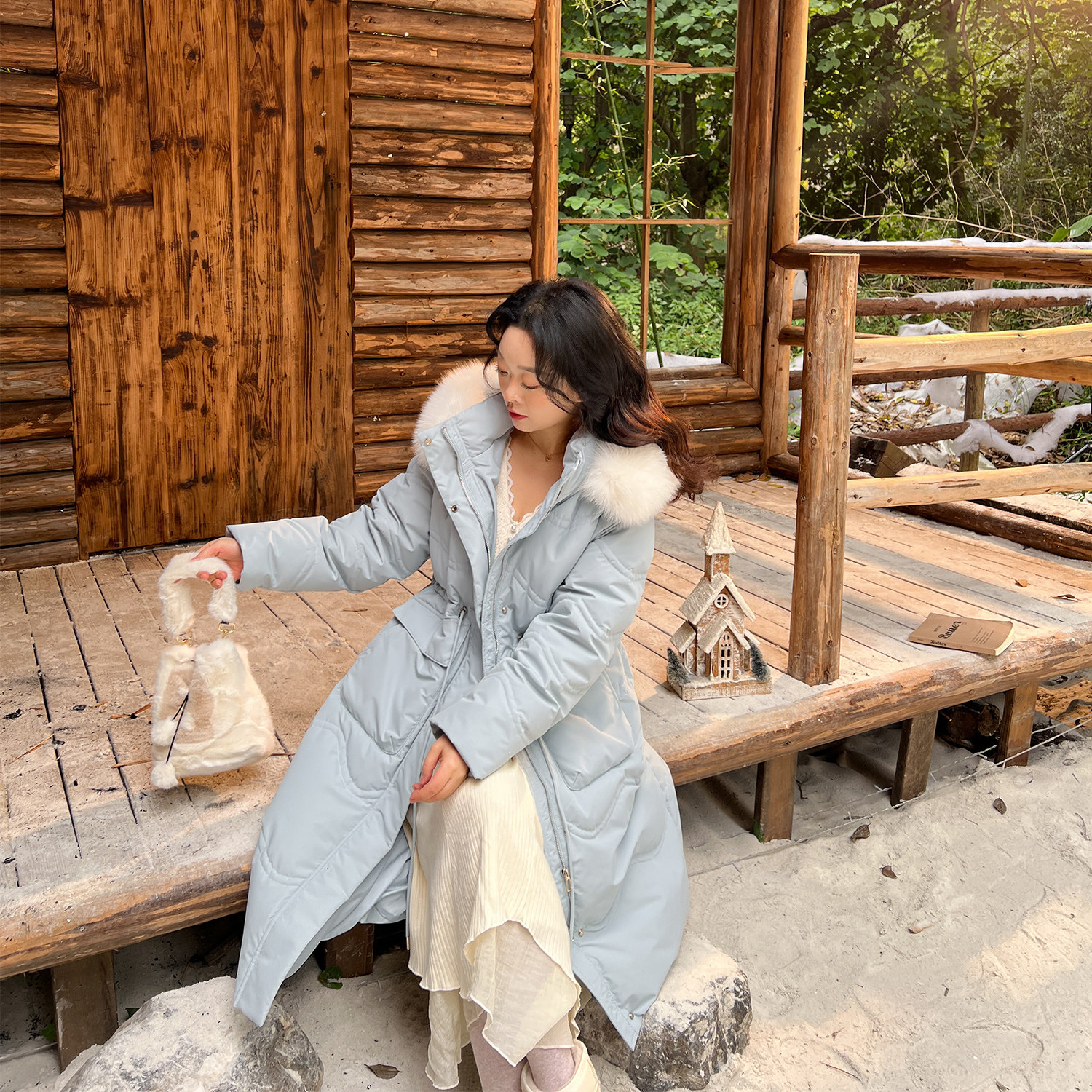 DM100大码百分百微胖mm女装冬真狐狸毛领三防长款加厚羽绒服外套