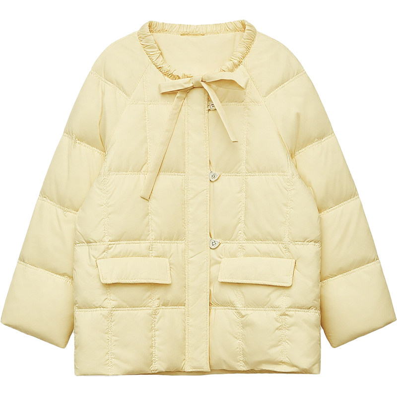 DM100大码百分百女微胖mm冬季蝴蝶结系带插肩轻薄短款羽绒服外套