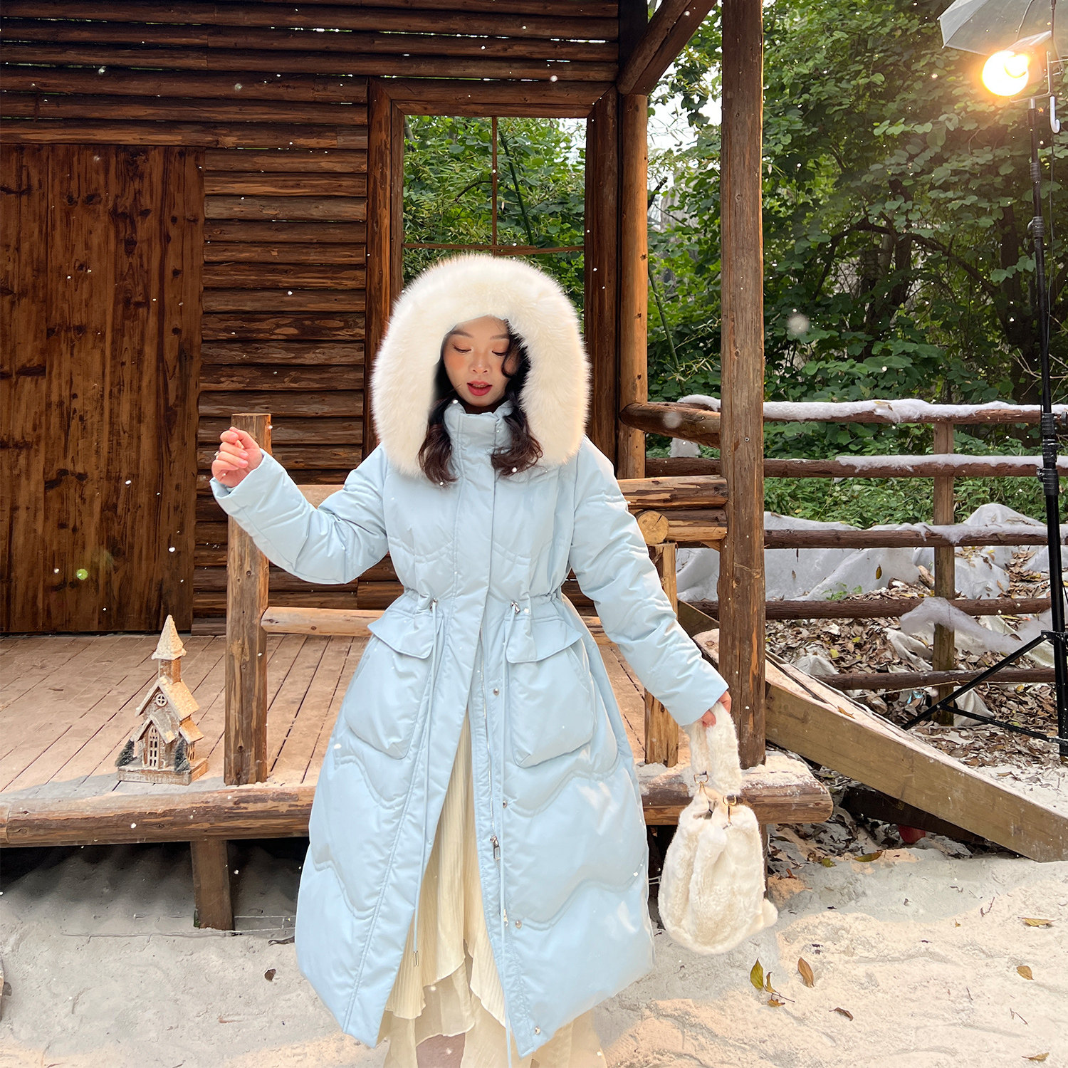 DM100大码百分百微胖mm女装冬真狐狸毛领三防长款加厚羽绒服外套