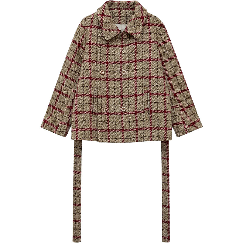 【年终清仓】DM100大码女红咖色格纹正肩长短小香风编织毛呢外套,淘宝优惠券,粉丝福利购,淘宝优惠卷