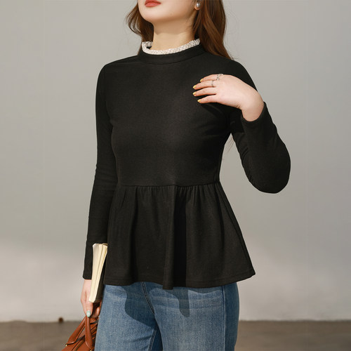 DM100大码百分百女装微胖mm冬季半高领花边收腰散摆打底德绒T恤 - 图2