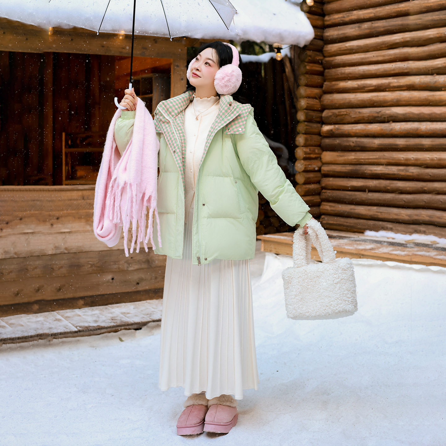 DM100大码百分百女装微胖mm冬季甜美保暖撞色格纹拼接羽绒服外套 - 图1