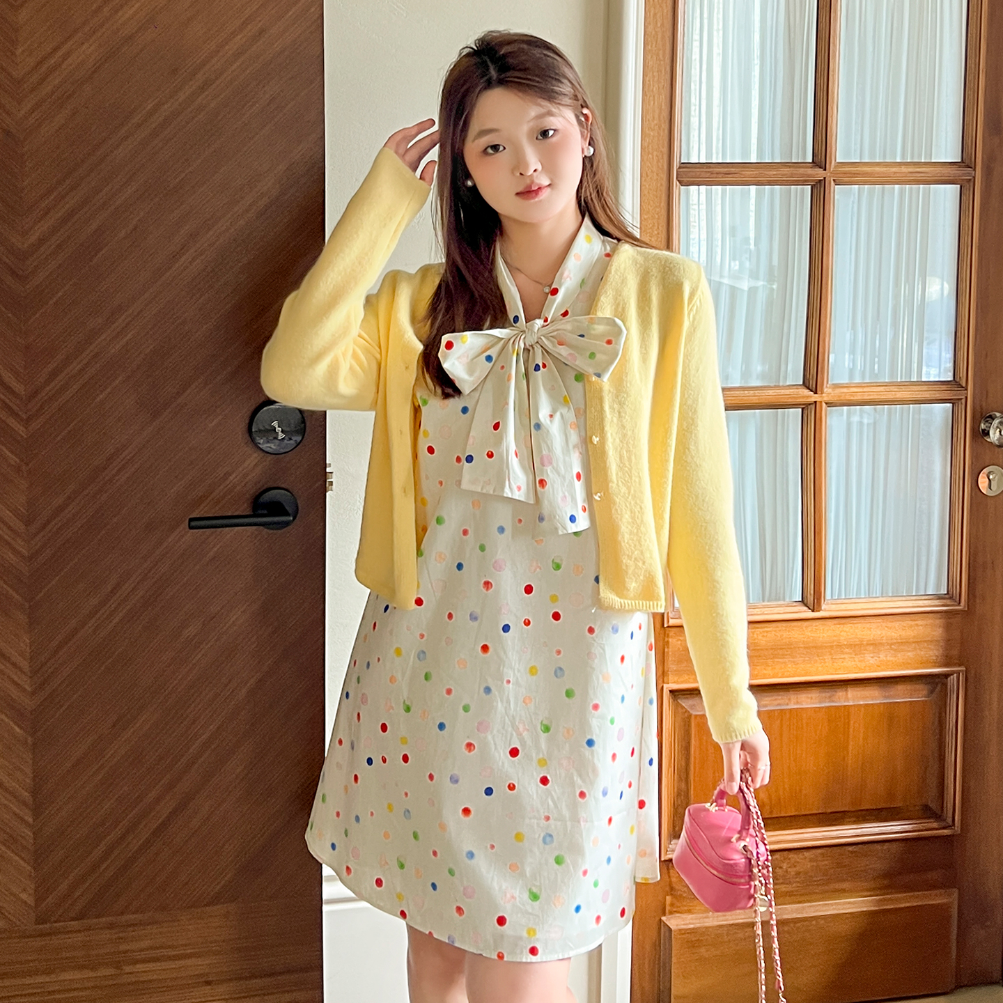 DM100大码百分百女装秋季微胖mm色彩跳动系列波点连衣裙背心套装 - 图0