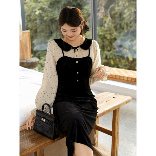 DM100 plus size 100% women's slightly fat mm winter gentle fake two-piece waist polka-dot velvet dress