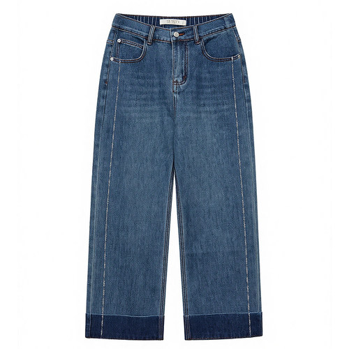 DM100大码百分百女装微胖mm秋季时尚百搭显瘦线条卷边阔腿牛仔裤 - 图3