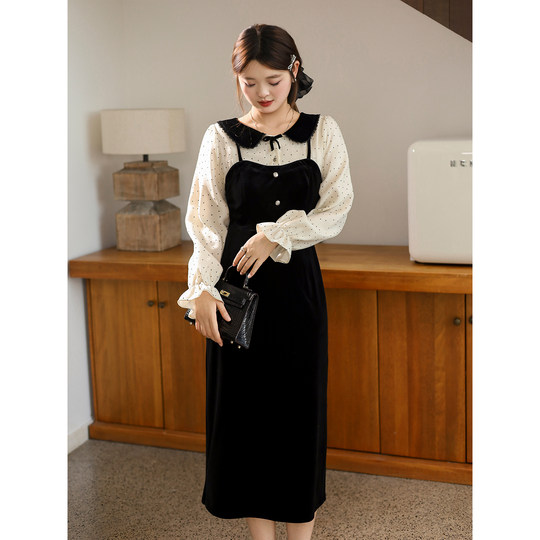 DM100 plus size 100% women's slightly fat mm winter gentle fake two-piece waist polka-dot velvet dress