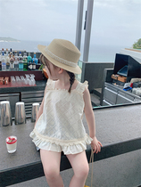 2022 Summer new girls foreign florist lace vest Han version Childrens trendy harness female baby sleeveless blouses