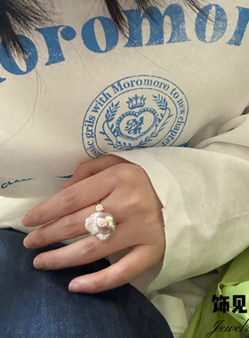 甜美小众S925银仙女粉钻大巴开口戒指炫彩高级大气食指戒巨美礼物