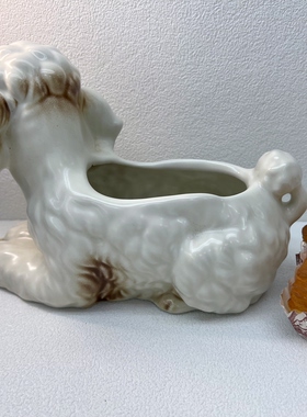 复古可爱白色贵宾犬造型陶瓷花盆中古风狗狗花器装饰摆件多肉盆