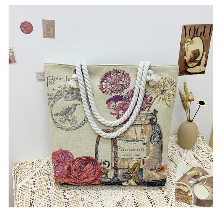 抖音爆款双面金丝绣花花瓶玫瑰有拉链暗袋女士帆布单肩手提包书包 - 图0