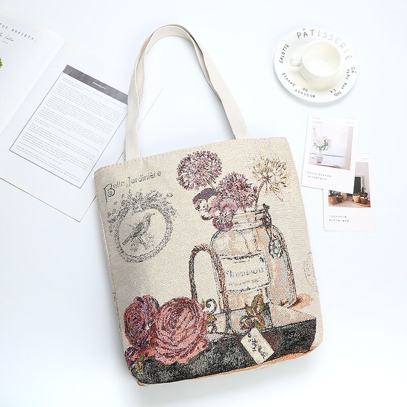 抖音爆款双面金丝绣花花瓶玫瑰有拉链暗袋女士帆布单肩手提包书包 - 图2