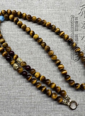 天然虎睛石海蓝宝水晶毛衣唐卡项链黄虎眼三挂金色泰国佛牌链可订