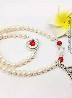 双层朱砂纯银手串天然珍珠