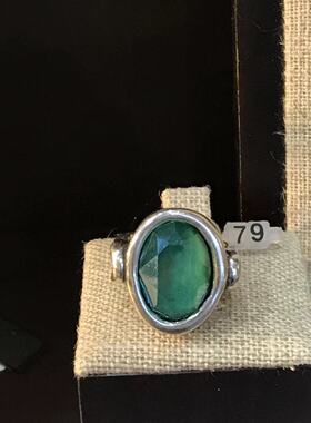 绝版国/现 西班牙UNOde50绿水晶戒指手工欧美轻奢做旧镀银个性