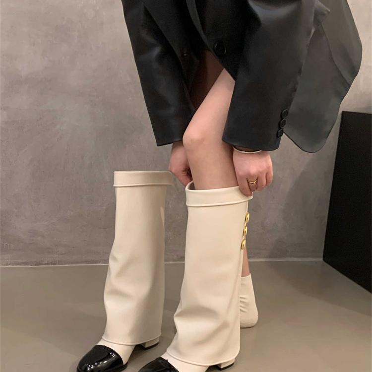 香港高跟小香风拼色高筒骑士靴女鞋2025新款秋季卡其色长筒长靴子 - 图0