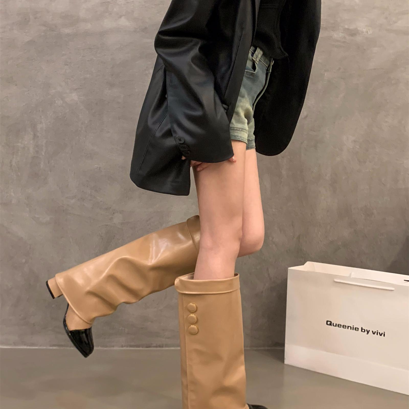 香港高跟小香风拼色高筒骑士靴女鞋2025新款秋季卡其色长筒长靴子 - 图1