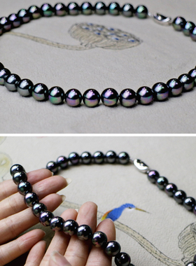 挚彩珠宝淡水黑色珍珠毛衣链颈链极光正圆项链送妈妈时尚款显年轻