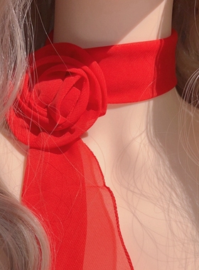 韩版气质红色显白长条项圈颈带小众设计高级感玫瑰花朵小丝巾围巾