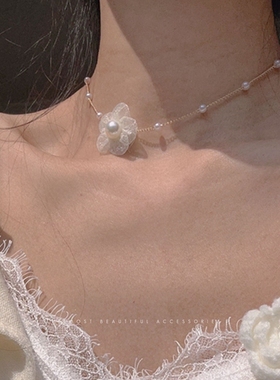 韩版仙气甜美温柔珍珠链条花朵锁骨链choker少女气质百搭短款颈链