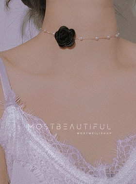 复古黑色小花珍珠锁骨链choker