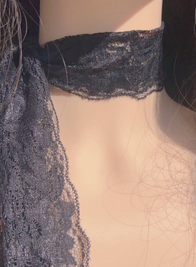 原创设计黑色性感气质蕾丝花边项圈颈带长款窄围巾飘带长条项链