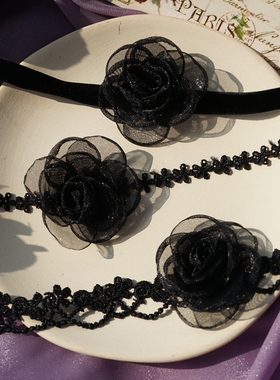 秋冬新款原创设计黑色丝绒花朵短款锁骨链项链仙气百搭choker颈带