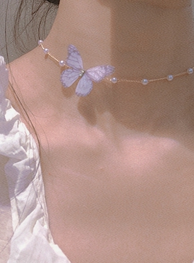 韩版超仙气甜美ins薄纱蝴蝶珍珠颈链少女夏季百搭短款项链choker