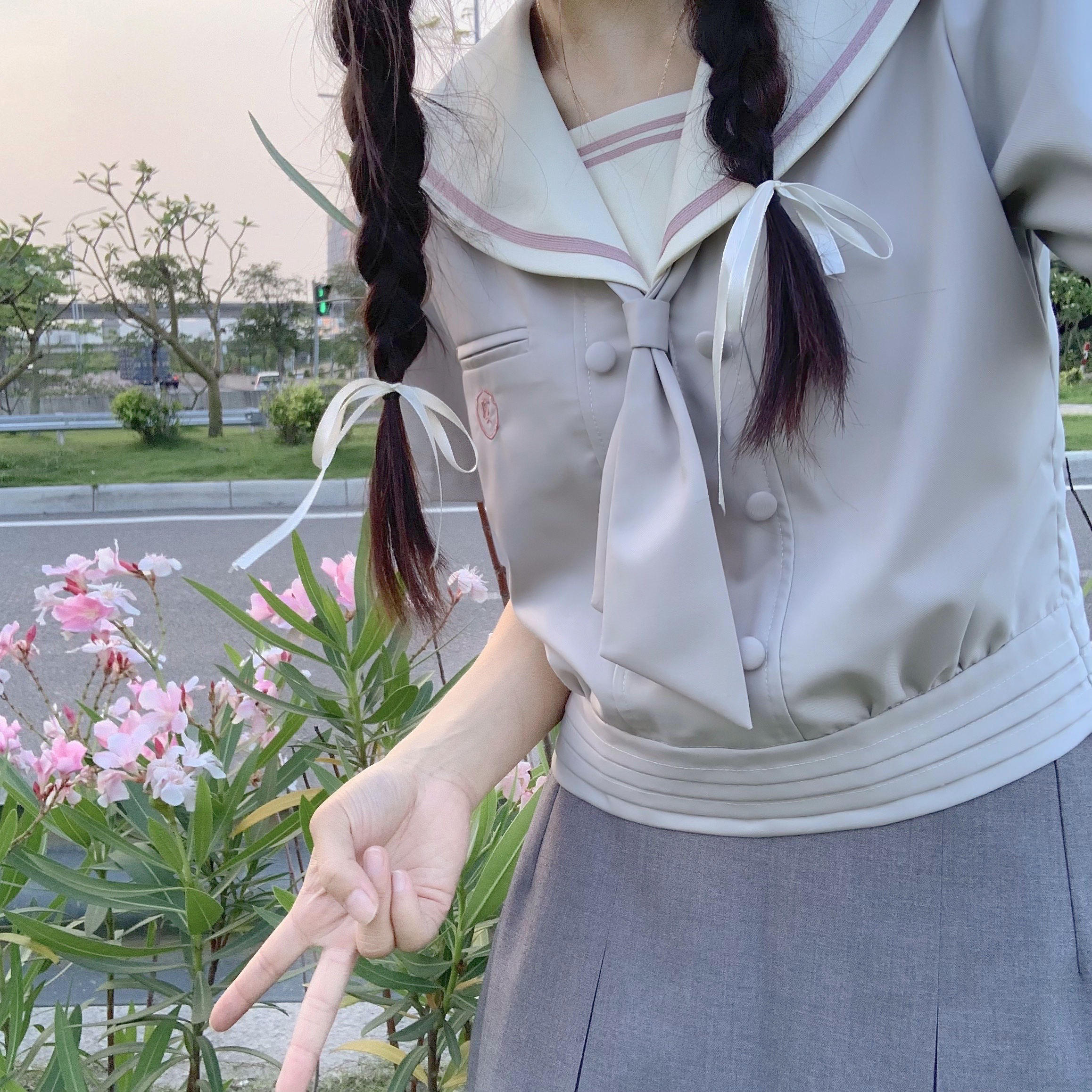 夏日和风铃  小野玫瑰 灰身粉线水手服JK制服学院风甜美短袖上衣 - 图0