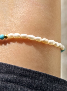 小众品牌设计 OG Loc 天然淡水珍珠优化绿松石弹力手链