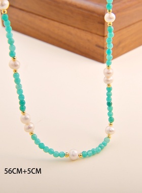 饰品复古蓝色天然石珍珠项链女淡