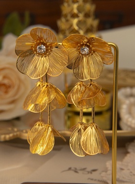 金属花朵耳坠夸张流苏高级感耳饰