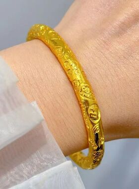 古法金色吉言手镯宽版女款实心闭口金黄色錾刻镯子复古风镯子