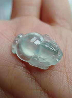 老种莹光果冻感飘花貔貅戒面  天然翡翠A货