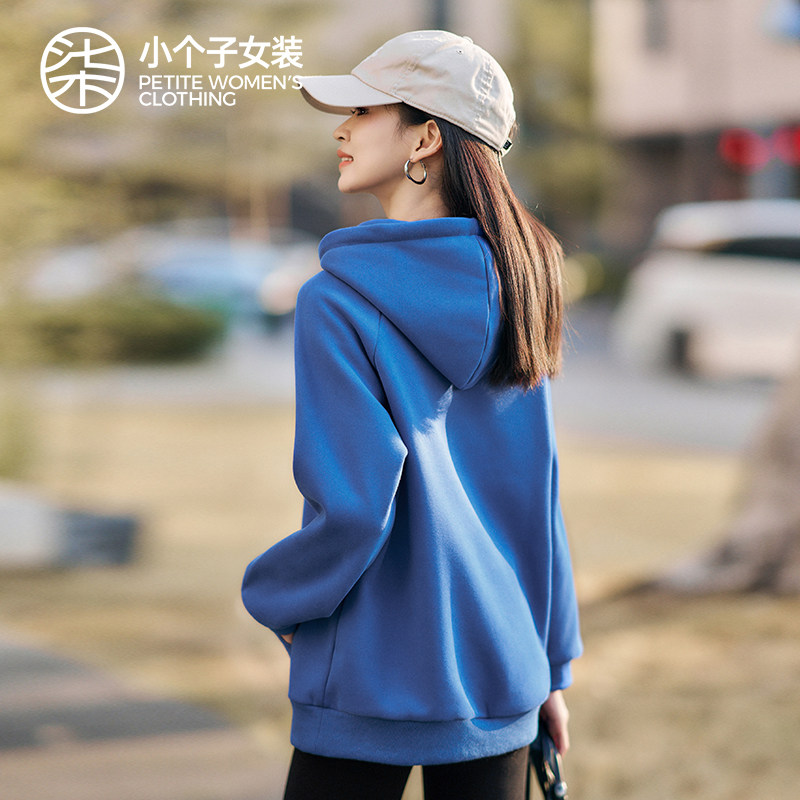 柒量一裁小个子宝蓝色字母连帽卫衣女休闲宽松套头帽衫3091,淘宝优惠券,粉丝福利购,淘宝优惠卷