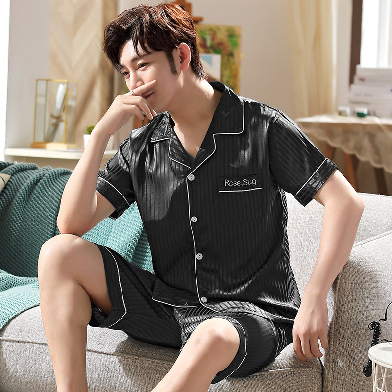冰丝男士夏天短袖仿真丝绸青年睡衣 梦依情睡衣/家居服套装
