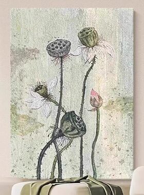 好运连连中古风荷花客厅装饰画高级大气壁画莲蓬沙发背景墙挂画