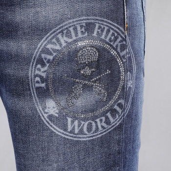 BA180 nagging denim spring and summer style new skull hot diamond letters laser laser trousers slim fit men with small feet