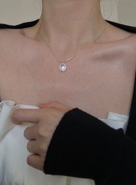 女项链锁骨天然链海蓝宝风小众月光石吊坠百搭高级感ins批发椭圆