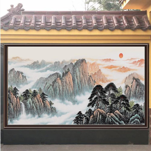 户外庭院门头匾迎门墙瓷砖壁画福中堂农村国画山水影壁墙室外大门 - 图0