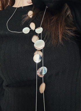 银色几何圆片流苏长款链条项链