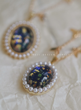 油画星河*1950s捷克斯洛伐克蓝色仿欧泊人鱼尾锁骨项链镀金毛衣链