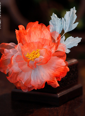 古风发饰芙蓉红色渐变对夹仙气百搭绢纱烫花边夹汉服国风旗袍配饰